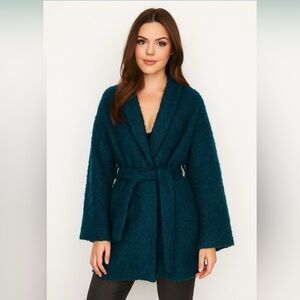 Reformation Maxwell Robe Boucle Wrap Coat Green Blue Casual Winter Warm Fall